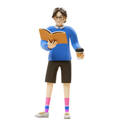 Young Person Wearing Glasses Blue Sweater Brown Shorts Pink and Blue Socks Holding Orange Book and Coffee Cup Animated Character