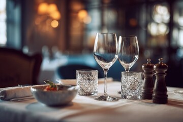 Elegant restaurant table setting with wine glasses, salt/pepper shakers, and a small appetizer