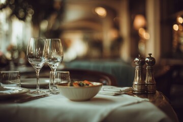 Interior shot, set table at a fancy restaurant. Includes glasses, salt/pepper shakers, & salad