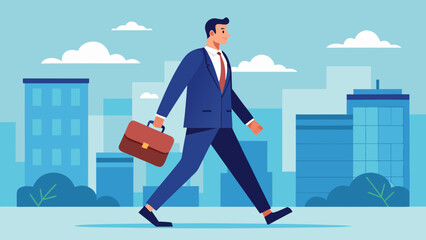 A man in a suit is walking down a city street with a briefcase in his hand. Concept of professionalism and business, as the man is dressed in a suit and carrying a briefcase