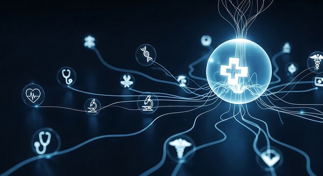 Abstract futuristic background of a healthcare technology network with glowing medical icons. Concept for digital health, telemedicine, AI in medicine, and data-driven research.