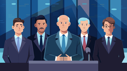 A group of men in suits are sitting behind a podium. They are all wearing ties and appear to be in a serious or professional setting