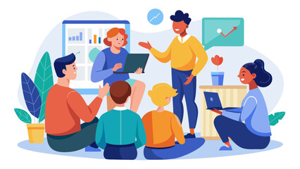 A group of people are sitting around a table with a projector screen in the background. They are all smiling and seem to be having a good time