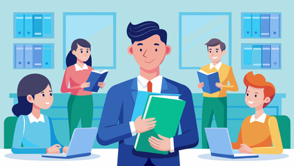 A man is holding a green book in front of a group of people. The people are sitting at a table with laptops and books. The man is smiling and he is the leader of the group