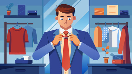 A man is getting ready to tie his tie in front of a mirror. He is wearing a blue suit and a red tie. Concept of professionalism and formality, as the man is dressed in a suit