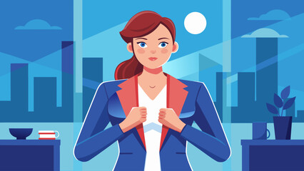 A woman in a blue suit is opening her jacket to reveal a white shirt. Concept of confidence and empowerment, as the woman is proudly showing off her professional attire