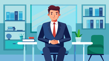 A man in a suit is sitting at a desk in a room with a potted plant. The room is filled with bookshelves and a chair. The man is in a professional setting, possibly working or attending a meeting