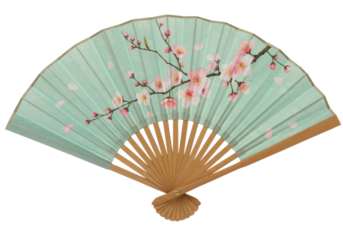 Elegant hand fan with cherry blossom design isolated on transparent background, traditional Asian art for decoration and cultural events PNG