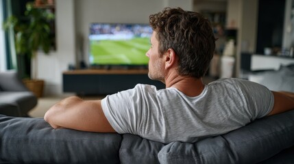 Obraz premium Man relaxing on a couch watching a televised football match in a modern living room.