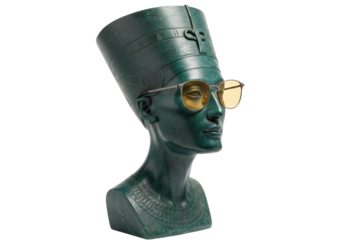 Nefertiti bust with sunglasses isolated on transparent background, ancient Egyptian queen statue in green patina finish PNG