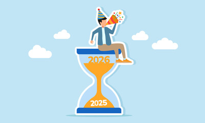Man wearing a party hat blowing a trumpet while sitting on an hourglass with numbers 2025 and 2026 illustration of appreciation for the 2026 New Year celebration