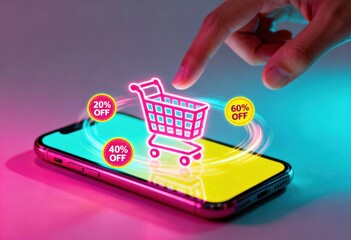 Hand tapping a smartphone displaying a neon shopping cart surrounded by floating discount tags for online shopping deals.