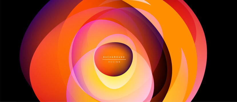 Abstract concentric layers create vibrant orange, purple gradient. Modern design evokes energy, depth, visual interest.