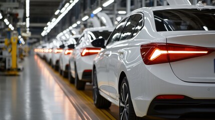 Obraz premium A modern automobile assembly line showing a row of newly manufactured white cars with illuminated LED taillights.