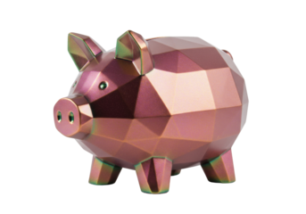 Geometric rose gold piggy bank isolated on transparent background, polygonal pig money box for savings and financial planning