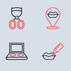 Set line Smiling lips, Eye shadow palette with brush, Lip augmentation and Eyelash curler icon. Vector