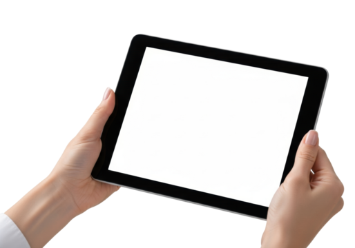 caucasian female hands holding black digital tablet horizontally, blank white screen, transparent background, concept of modern digital communication and technology