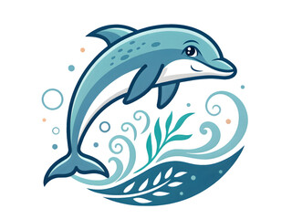 Delightful cartoon dolphin playfully leaping above ocean waves, radiating happiness isolated on transparent background