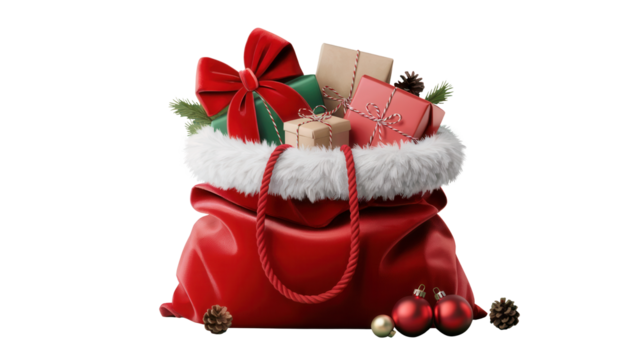 A vibrant red santa claus sack overflowing with wrapped gifts and christmas decorations isolated on transparent background
