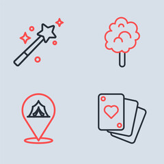 Set line Cotton candy, Circus tent, Playing cards and Magic wand icon. Vector