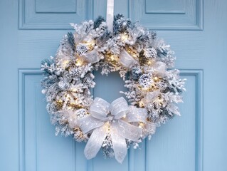 Elegant Christmas wreath with white and silver ribbons on blue door