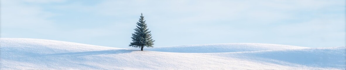 Tranquil winter scene with lone pine tree on snowy hill under clear blue sky