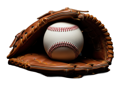 A well-worn white baseball with prominent red stitching nestled in a vintage brown leather glove, against a deep black background with dramatic studio lighting and copy space, baseball nostalgia