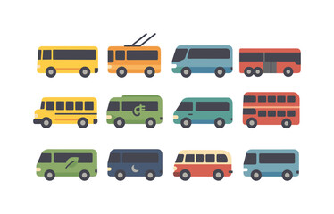 Diverse collection of modern bus icons in flat style