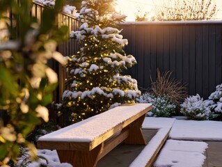 Peaceful winter evening in minimalist wooden yard with modern benches and snow covered landscape
