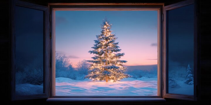 Enchanting winter view through open window with glowing Christmas tree at dusk