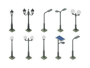 Collection of isometric street lamps with solar panel and traditional designs