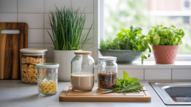 Sustainable zero waste kitchen countertop with reusable jars and fresh herbs