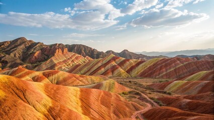 Wide Landscape of Zhangye Danxia Rainbow Mountains in Gansu China under Clear Blue Sky for Nature Concept