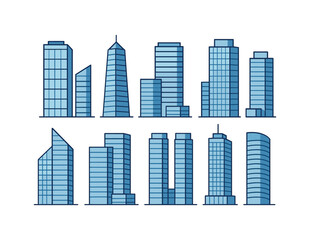 Obraz premium Modern blue urban cityscape featuring diverse skyscraper designs
