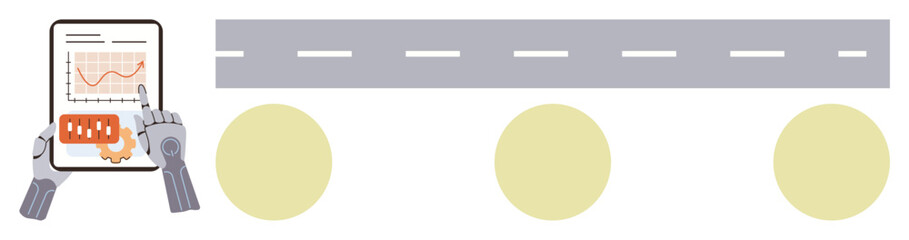 Robot hands interacting with tablet displaying data and charts, alongside road and traffic elements. Ideal for artificial intelligence, automation, analytics, transport, technology, innovation
