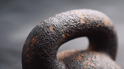Macro shot of a weathered kettlebell handle, symbolizing strength and endurance. Ideal for fitness, training, and motivational content. Rustic texture adds depth.