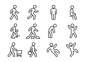 Linear human figures in various poses and activities