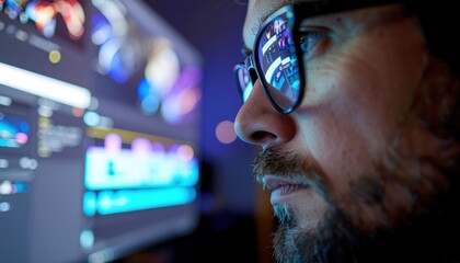 Video editor at workstation — screen reflections, color grading and post-production workflow