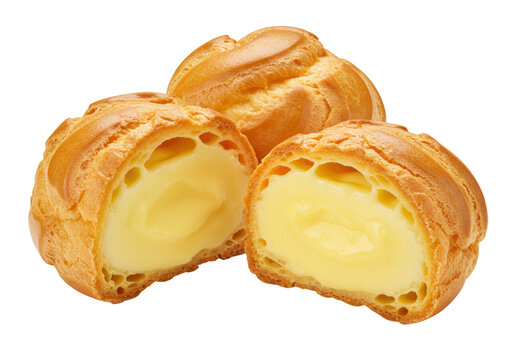Delicious cream puffs isolated on transparent background, choux pastry filled with sweet custard cream for dessert or snack