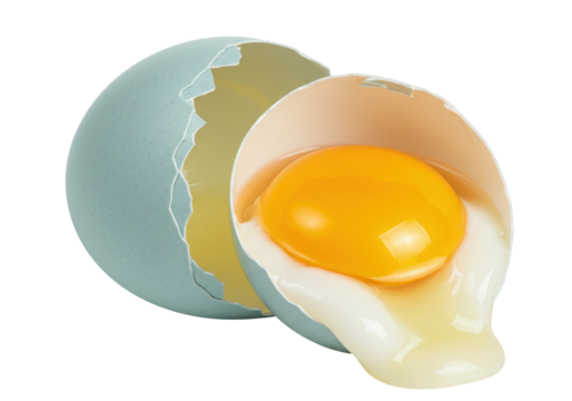 Cracked blue egg with yolk isolated on transparent background, broken shell with yellow inside for cooking and easter design element