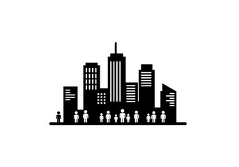 Obraz premium Stylized black silhouette icon of a modern city skyline with a diverse crowd of people standing in front.