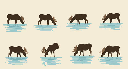 Obraz premium Eight brown moose silhouettes drinking from light blue stylized water surfaces