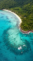 Fototapeta premium Aerial view of a pristine tropical island coastline with lush green jungle meeting turquoise clear ocean waters and vibrant coral reefs below