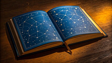 Open book with blue star maps and constellations
