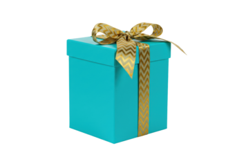 Teal gift box with gold chevron ribbon isolated, present for birthday or special occasion