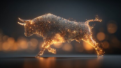 A glowing, running bull composed of particles against a dark, blurred background