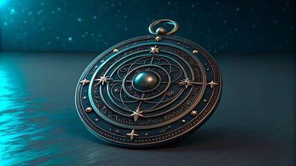 Metal astrolabe with stars and planets on blue background
