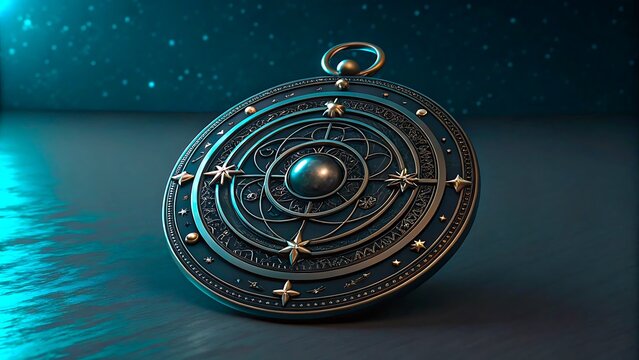 Metal astrolabe with stars and planets on blue background
