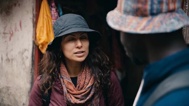 A woman in a hat speaks with a companion surrounded by vibrant colors and textures, showcasing a moment of connection and cultural exchange in an outdoor setting.