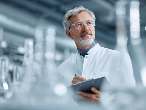 Thoughtful scientist, wearing a lab coat and glasses, taking notes in a bright laboratory. Represents research, innovation, and expertise. Ideal for science, health, or technology.